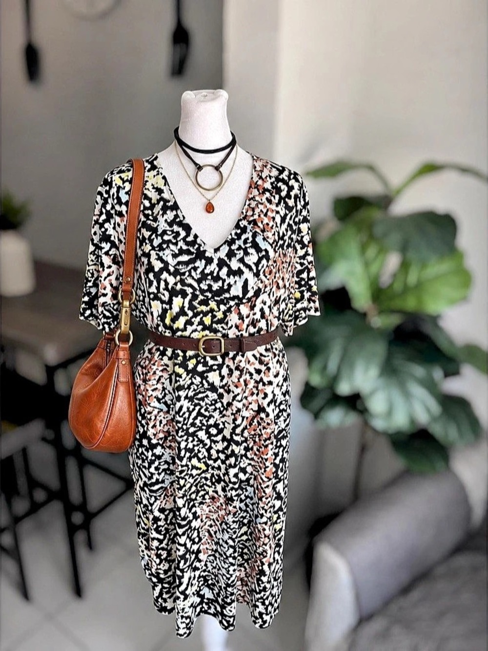 Christian Siriano Animal Print Midi Dress in Black & White Size XXL (2XG)
